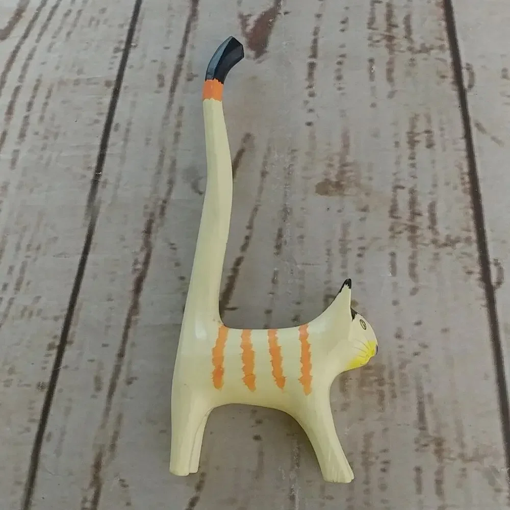 Yellow, Orange, and Black Long Tail Cat Jewelry/Ring Holder Figurine